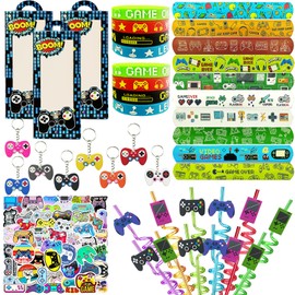 QZYCMHOO 110PCS Video Game Party Favors Gamer Birthday Party Supplies with Reusable Drinking Straws Keychains Game Boxes Gift Goodie Treat Bag Fillers Gaming Party Favors