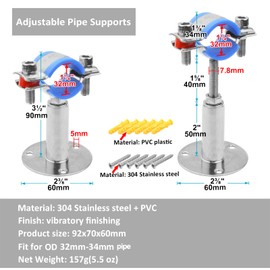 4 Pcs Adjustable Pipe Supports for Nominal 1-inch Pipe, 304 Stainless Steel Pipe Clamps, Wall Ceiling Mount Pipe Supports for 1-3/8 Inches(34mm) Outside Diameter