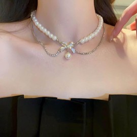 Xduargs Boho Rhinestone Bow Choker Necklace Imitation Pearl Choker Necklace Shiny Crystal Tennis Chain Necklace Wedding Bridal Pearl Chain Necklace for Women