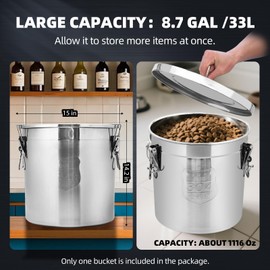 Alinwirsy 33L/8.7 Gal 304 Stainless Steel Containers with Lids 1116 Oz Airtight Containers with Lids and Lock Hole 304 Stainless Steel Container with Lid for Storage 304 Airtight Stainless Bucket