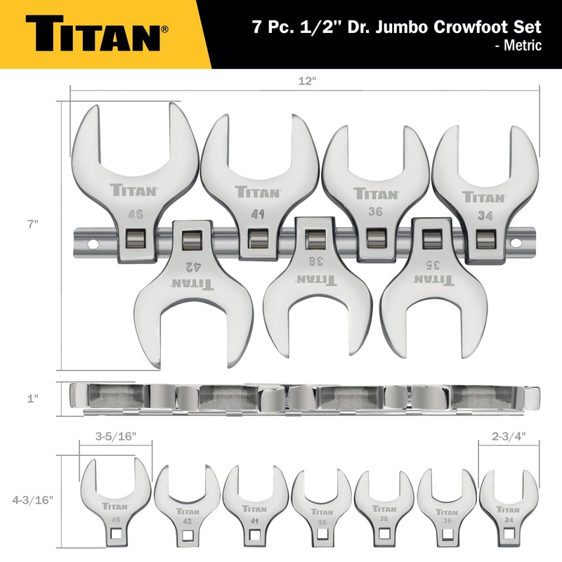 Titan 17670 7-Piece 1/2-Inch Drive Metric Jumbo Crowfoot Wrench Set