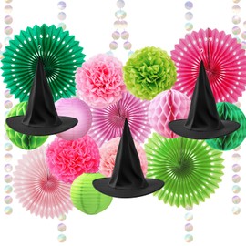 Weysat Pink and Green Birthday Decorations for Women Girls, Paper Pompoms, Paper Fans, Lanterns, Witch Hats, Circle Garland, Witch Theme Party Decorations for Princess and Witch Birthday Party