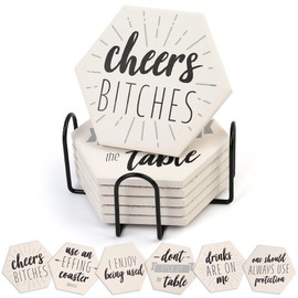 LotFancy Funny Drink Coasters with Holder, 6PCS Absorbent Ceramic Coasters, Hexagon Set, Non-Slip, Bar Room Decor