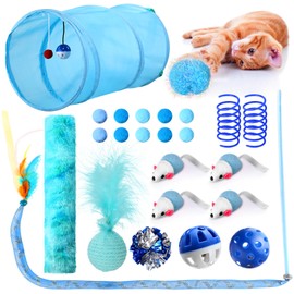 Foilswirl 24 Pcs Cat Toys Set Interactive Kitten Toys Pack Including Collapsible Play Tunnel Feather Teaser Wand Fuzzy Ball Springs Pillow Mouse Bells for Indoor Cats Puppy (Blue)