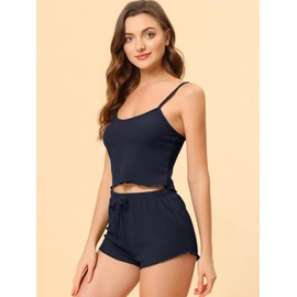 cheibear Women's Pajamas, Lounge Set, Crop Tank Top and Panties, Loungewear, Sleeveless, 2-Piece, blue (navy blue)