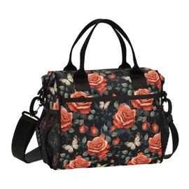 ALAZA Butterfly Roses Black Insulated Lunch Bag for Women Men,Reusable Cooler Tote Shoulder Bag for Picnic Camping Work Office Beach College