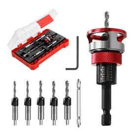 7-Piece Countersink Drill Bit Set with Aluminum Alloy Stop Collar, a Screwdriver Bit, 5 HSS M2 Tapered Bits and a Wrench, 1/4" Hex Shank Countersink Drill Bit for Woodworking﻿