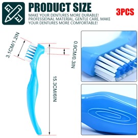 UPIQNG 3Pcs Denture Toothbrush Double Heads Denture Brush Portable Denture Cleaning Tool Oral Care Set False Teeth Denture Cleaner Anti-Slip Handle Hygiene Denture Brush,Blue
