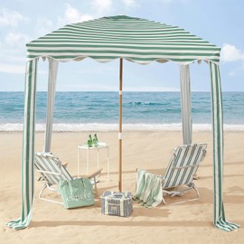 Striped Beach Cabana with Silver Coating, Vent and Sand Pockets, 6.5FT x 6.5FT UPF 50+ Sun Shelter, Easy Setup Portable Beach Canopy, Wind-Resistant Beach Tent, Base Not Included (Avocado)
