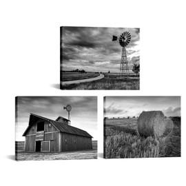 Apicoture Farmhouse Wall Art Windmill Barn Picture Wall Decor Framed Canvas Prints Rustic Black and White Country Landscape Painting 12"x16"x3 Pieces