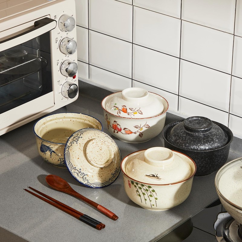 LemonRoad 4 Pack 25oz Ceramic Ramen Bowl with Lid Microwavable