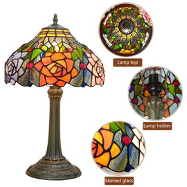 Blivuself Tiffany Style Stained Glass Lamp Red Orange Purple Pink Rose Table Lamp Bedroom Bedside Reading Desk Light for Living Office Retro Unique Cute Accent Decor 12" Village Gift Nightstand Lamps