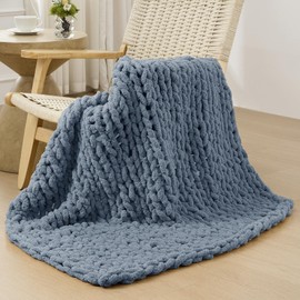Bigacogo Chunky Knit Throw Blanket for Couch, 40x40 inches, 100% Hand Knitted with Thick Jumbo Chenille Yarn, Cozy Soft Large Rope Knot Cable Crochet Blankets for Sofa Bed Living Room, Cold Sea Blue