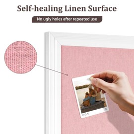 DOLLAR BOSS Bulletin Board with Linen 24'' x 18'' White Framed Cork Boards for Walls, Photo Display Pin Board, Decorative Corkboard for Office Home School Girls Dorm Decor with 10 Pushpins, Pink