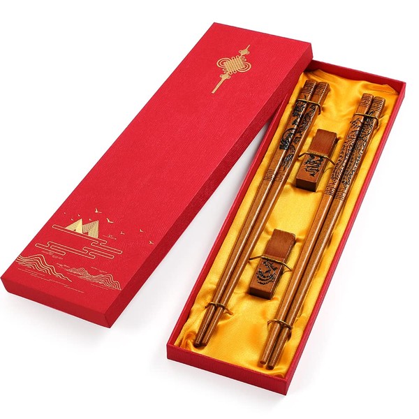 Reusable Chopsticks, Dragon and Phoenix Chopsticks Set, Chinese Style Wooden Chop sticks Gift Set （2 Pairs）