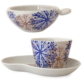 J-kitchens Hasami Pottery Coffee Cup & Saucer with Dripper Made in Japan Flower Core Pattern Blue