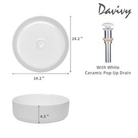 Davivy 14'' Round Vessel Sink with Pop Up Drain,Bathroom Vessel Sinks,Bathroom Sinks Above Counter,Ceramic Vessel Sink,Round Bathroom Sink,Counter top Sink,White Vessel Sink for bathrooms
