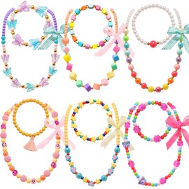 6 Sets Girl Bow Necklace Bracelet with Colorful Pendant for Little Girls Princess Kids Costume Jewelry Gift Party Favors Dress up Stretchy Bracelets Necklace for Little Girl Toddler Kids Jewelry Gift