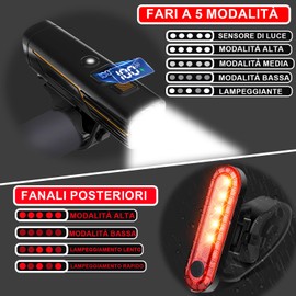 EBUYFIRE Luci Bicicletta Led con Sensori di Luce e Display Digitale, Set di Luci LED Ricaricabili per Bici, Super Luminose Anteriore e Posteriore, Luce Posteriore Bici, Torcia Frontale (1)