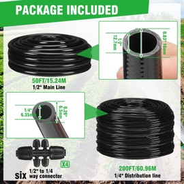 Innconee 250 ft Drip Irrigation Tubing 1/2 Inch Main Drip Line Hose Tube and 1/4 Inch Irrigation Tubing with 4 Pack Push-to-fit 6 Way Splitter for Plant Greenhouse Lawn Raised Beds Watering System