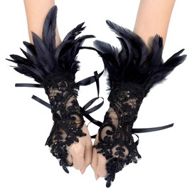 Laroal 1 Pair Women'S Black Feather Lace Long Gloves Sleeve Accessories For Cosplay Party Dance Evening Banquet Wedding Prom