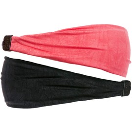 Hipsy Adjustable & Stretchy Crushed Xflex Wide Headbands for Women Girls & Teens (Black & Coral Crushed 2pk)