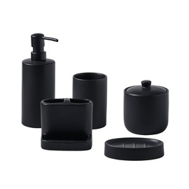 Bathroom Accessory Set 5 Pcs,SURUI Complete Matte Black Bathroom Accessory Set with Toothbrush Holder，Tooth Glass，Cotton Swab/Cotton BallDispenser，Soap Dish，Liquid Soap Dispenser（Black）
