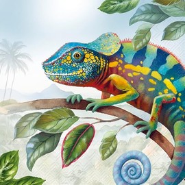 IHR Napkin Chameleon 33 x 33 cm, Pack of 20, Summer Decoration, for Decoupage and Table Decoration, Paper, Printed on One Side, White Back