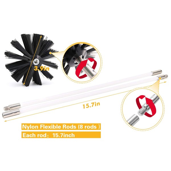 Dryer Duct Cleaning Kit Flexible Lint Remover, Can Use with a Power Drill or Without a Power Drill, Includes 8 Flexible Rods, Synthetic Brush Head