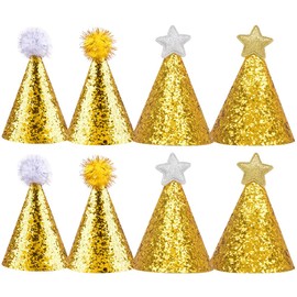 JOINPAYA 8pcs Golden Cone Party Hats: Glitter Star Ball Birthday Hats Celebration Headwear with Gold Ropes for Fun Kids Party Supplies Decorations