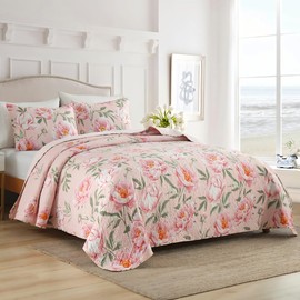Boryard King Size Quilt Set, 3-Piece Lightweight Soft Full Size Summer Quilt Reversible Bedspread Coverlet (104x90 inches) Bedding Set with 2 Pillow Shams, Pink Peony Flower Print