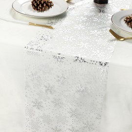 Cekene Christmas Silver Table Runner 28cm X 10YD Organza Thin Mesh Table Runner Roll Glitter Snowflake Table Runner Christmas Tablecloth Decoration for Dining Table Party Wedding Birthday Baby Shower