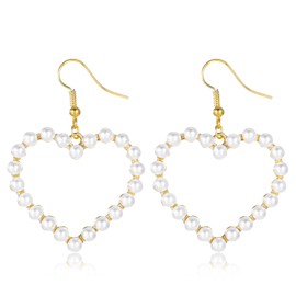 Pearl Heart Earrings for Women White Plated Heart Hoop Earrings Drop Dangle Statement Earring Long Chain Tassel Jewelry for Women Valentines Christmas Bridal Wedding