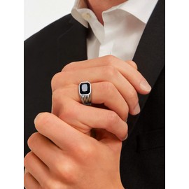 Bestyle Chunky Band Ring for Men, Stainless Steel Ring with Engraving, Synthetic Gemstone Black Onyx/Emerald/Sapphire/Ruby 10 x 12 mm, Men's Ring, CZ Biker Ring, Pinky Jewellery, Size 54-72, Stainless