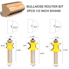Sinoprotools Bullnose Bead Router Bits, 1/2-Inch Shank 3 Bits Set, Half Round Beading Bits, Edge Roundover Corner Woodworking Milling Cutter, Radius 1/8'', 1/4'', 5/16