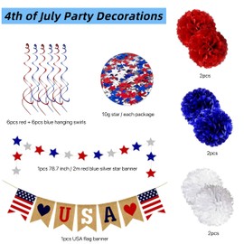 27PCS 4th of July Decorations, Fourth of July Decor Love USA Banner Red White Blue Paper Fans Star Streamer Pom Poms Hanging Swirls Patriotic Decorations for Indoor Outdoor Outside