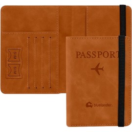 Bluelander Porta Pasaporte, con Protección RFID, Porta Pasaporte y Visa, Cuero de PU de Alta Calidad, Tamaño de 15 x 20.5 cm, Espacio para Tarjetas y Boletos, Pasaporte Funda (Café Claro)