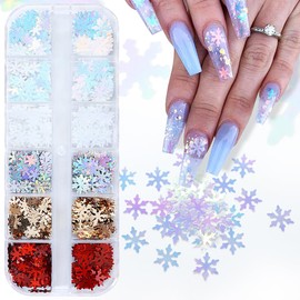 Christmas Snowflake Glitter Nail Sequins, 12 Grids 3D Colorful Holographic Snowflake Nail Glitter Confetti Sticker Decals Christmas White Red Gold Winter Snowflake Nail Art