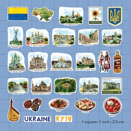 Navy Peony Resilient Ukraine Travel Stickers (28pcs) - Hand-Illustrated, Ukrainian Heritage-Themed Vacation Decals for Journals, Scrapbooks, Luggage