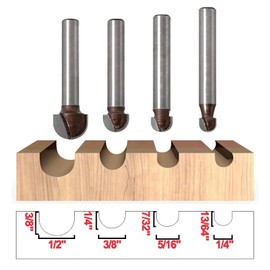 SICWOOD 4PCS Core Box Router Bit Set 1/4 Inch Shank, Double Flute Carbide Round Nose Juice Groove, Half Round Cove for Woodworking Grooving