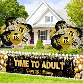 18th Birthday Party Decorations for Boys Girls Black Gold Time To Adult Happy 18th Birthday Banner and 18pcs Happy 18th Birthday Balloons Black Gold 18th Birthday Yard Sign Party Supplies