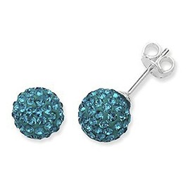8MM Blue Turquoise Sparkly Austrian Crystal Round Pave Disco/Glitter Ball Sterling Silver Stud Earrings/Ear Studs for Women Ladies Girls - 925 Sterling Silver