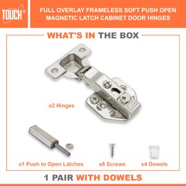 TOUCH Cabinet Hinges (1 Pair, 2 PCS) Full Overlay Soft Push to Open Cabinet Hardware Chrome Magnetic Latch and Catch Push Release Opener for Kitchen Cupboard and Closets 3D Adjustable with Dowels