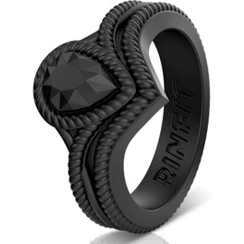 Rinfit Silicone Rings for Women - Bridal or Promise Rings - Wedding Rings For Women - Silicone Wedding Bands Women - Rubber Rings Great for Sports, Yoga & Exercise - Pear Diamond Collection Silicone Ring Women - Black Ring - Size 7