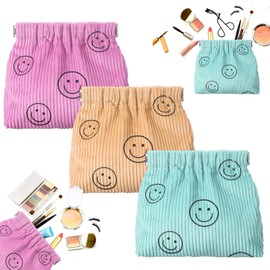 Shinylin 3 Pcs Preppy Corduroy Elastic Cosmetic Bag Smile Face Corduroy Elastic Hair Tie Organizer Coin Purse for Woman Smile Cosmetic Bag for Woman Coin Purse Makeup Organizer(Pink, Yellow, Green)