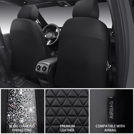 CAR PASS Bling Diamond Leather Car Seat Covers for 2 Front Interior Sets, Waterproof Shining Glitter Sparkly Crystal Universal Armrest Fit Automotive Truck SUV Cute Women Girl, Black Silver Rhinestone