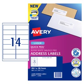 Avery Quick Peel A4 Labels for Laser Printers - Printable Packaging, Shipping & Address Labels - Mailing Stickers - White, 99.1 x 38.1 mm, 560 Labels / 40 Sheets (959110 / L7163)