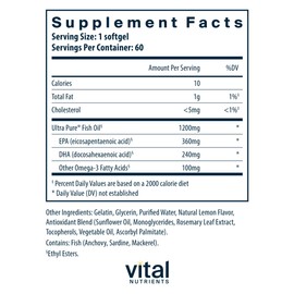 Vital Nutrients Ultra Pure® Fish Oil 700 | Supports Heart, Brain, and Joint Health* | Sustainably Sourced High EPA & DHA Omega-3 Fatty Acid | Lemon Flavor | Gluten, Dairy & Soy Free | 60 Softgels