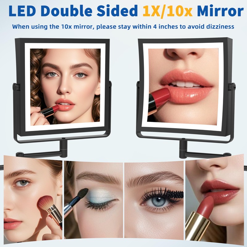 Ruacq Rechargeable Wall Mounted Makeup Mirror with Lights, Double Sided