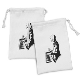 Ambesonne Cigar Fabric Pouch Set of 2, Jazz Pianist in Black and White Smoking a Cigar Musician Performer Sketch Art, Small Drawstring Bag for Toiletries Masks and Favors, 9" x 6", Black and White